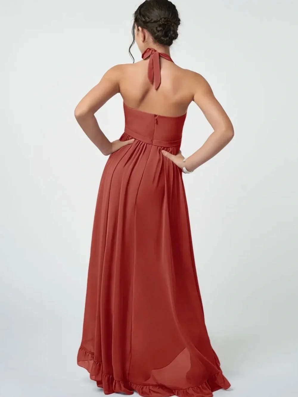 Azazie Halter High-Low Ruffle Maxi Dress in Rust - Picture 3 of 4